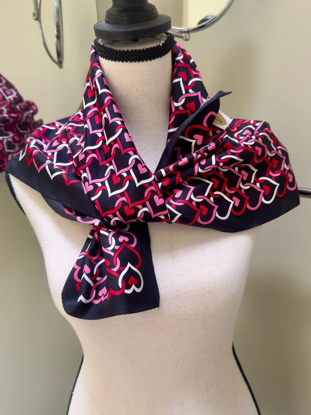 Talbots, 💯 Silk Black and Pink Heart Pattern Scarf, 26” square